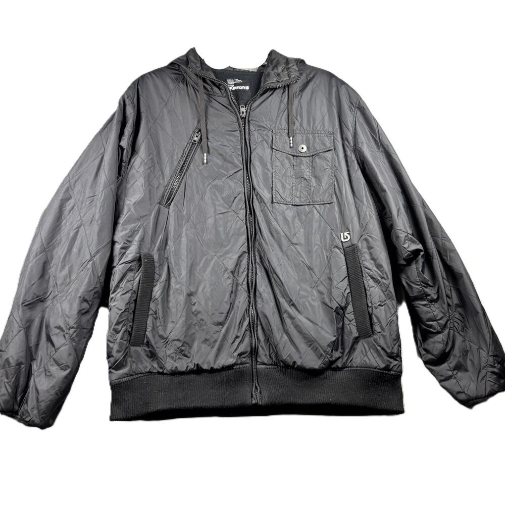 Burton Men Bomber Jacket Hooded Quilted Diamond Pattern Thermal Lined Blk Large